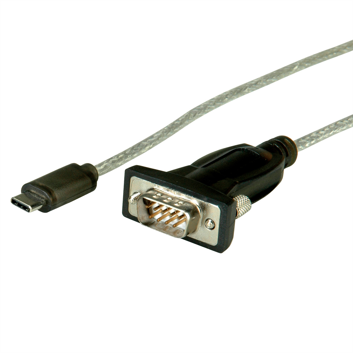 Cavo da USB-C a porta seriale con connettore, sfondo bianco.