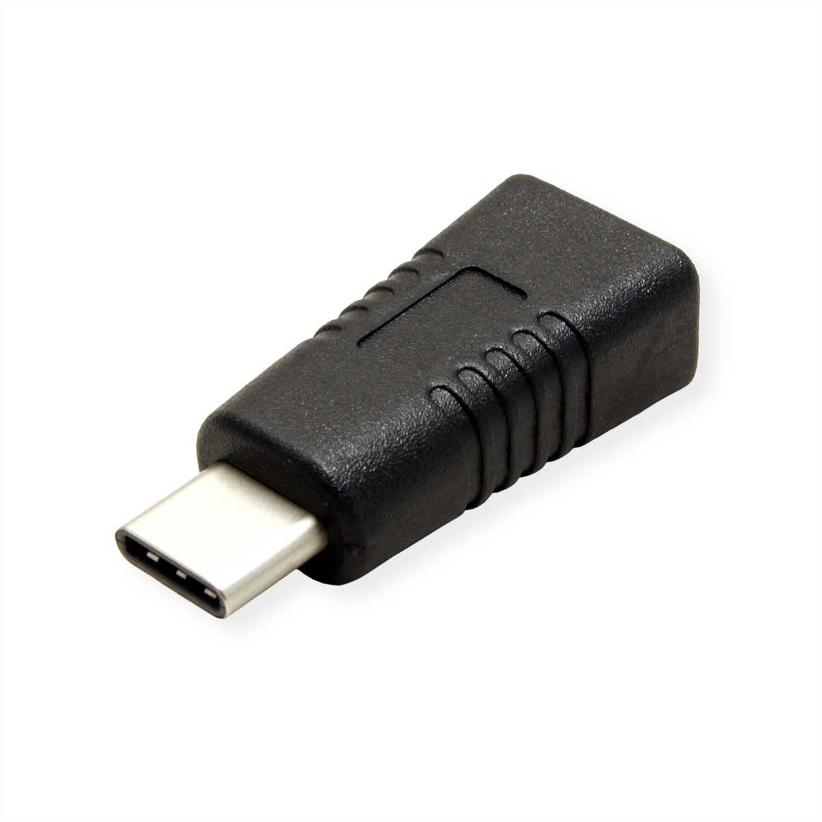 Adaptateur USB-C noir. Connecteur doré à une extrémité. Fond blanc.