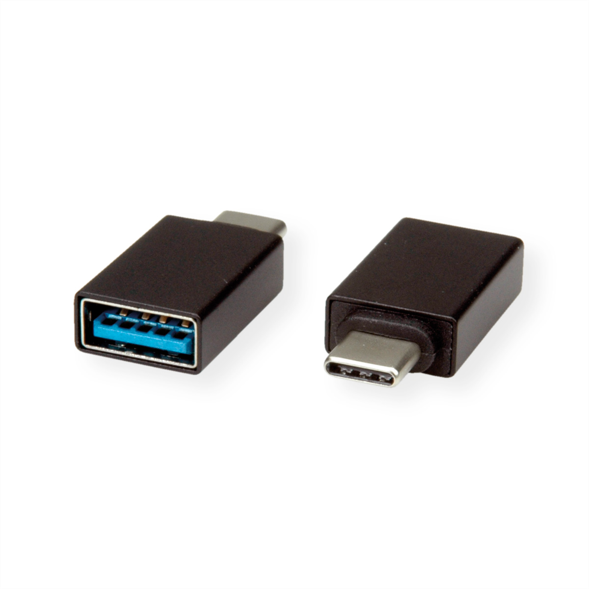 Zwei schwarze USB-C-zu-USB-A-Adapter nebeneinander vor weißem Hintergrund.
