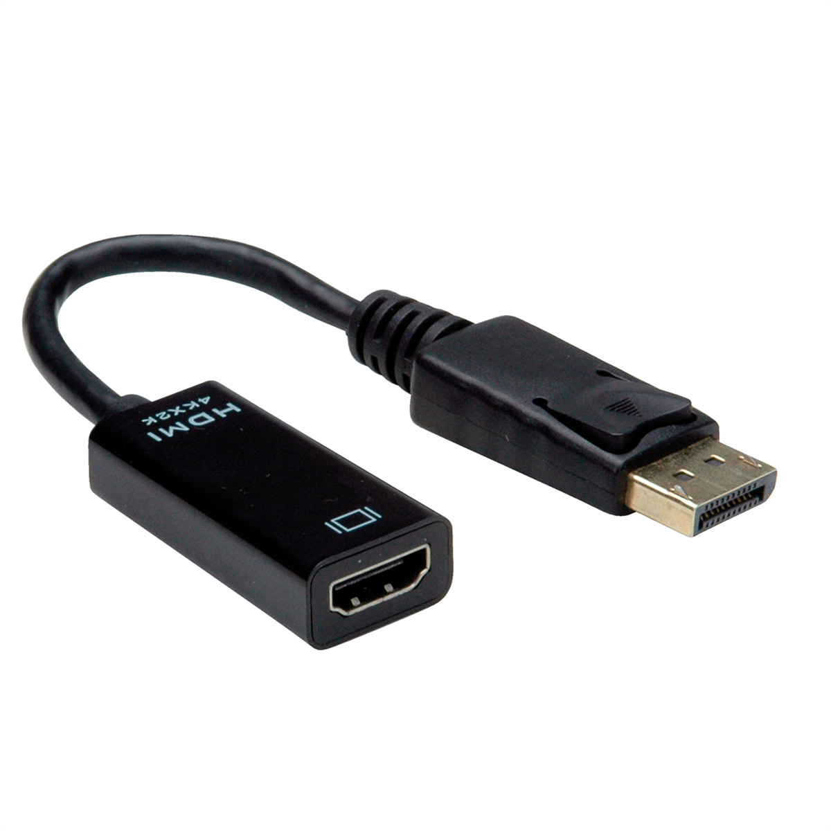 Czarny kabel HDMI do DisplayPort. Pokazuje złącza HDMI i DisplayPort.