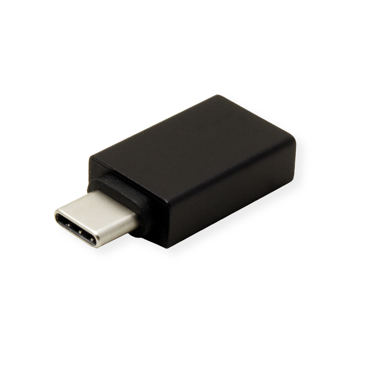 Ein schwarzer USB-C-Adapter auf weißem Hintergrund. Es hat eine rechteckige Form.