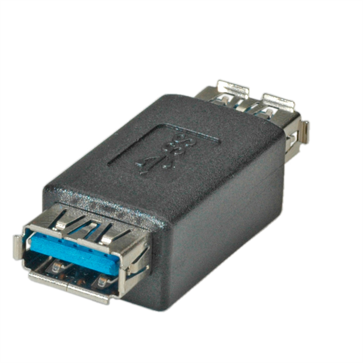Zwarte USB-adapter met blauwe poort op witte achtergrond.