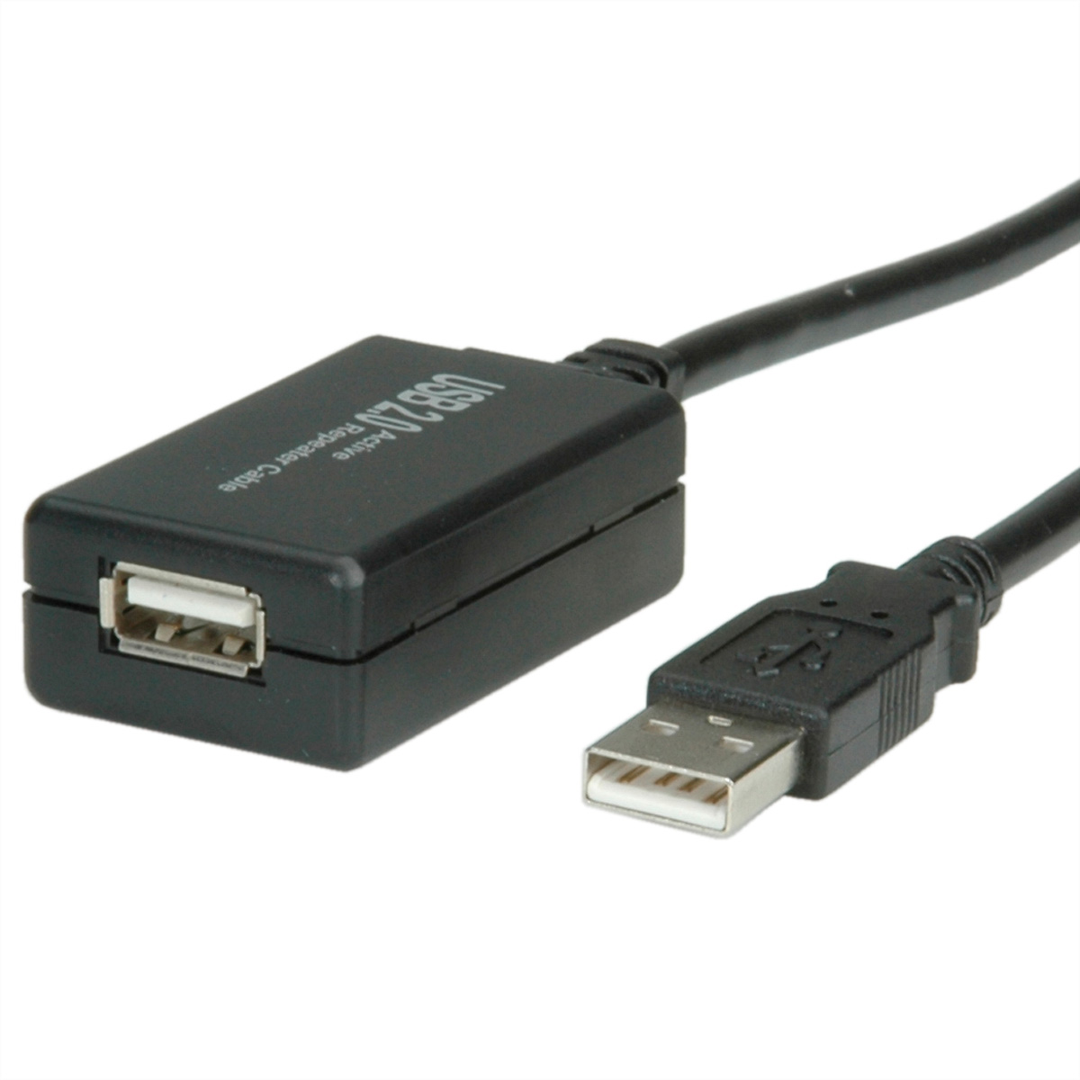 Schwarzes USB 2.0 Repeater-Kabel. Zeigt beide Enden. Hat einen USB- und einen Buchsenanschluss.