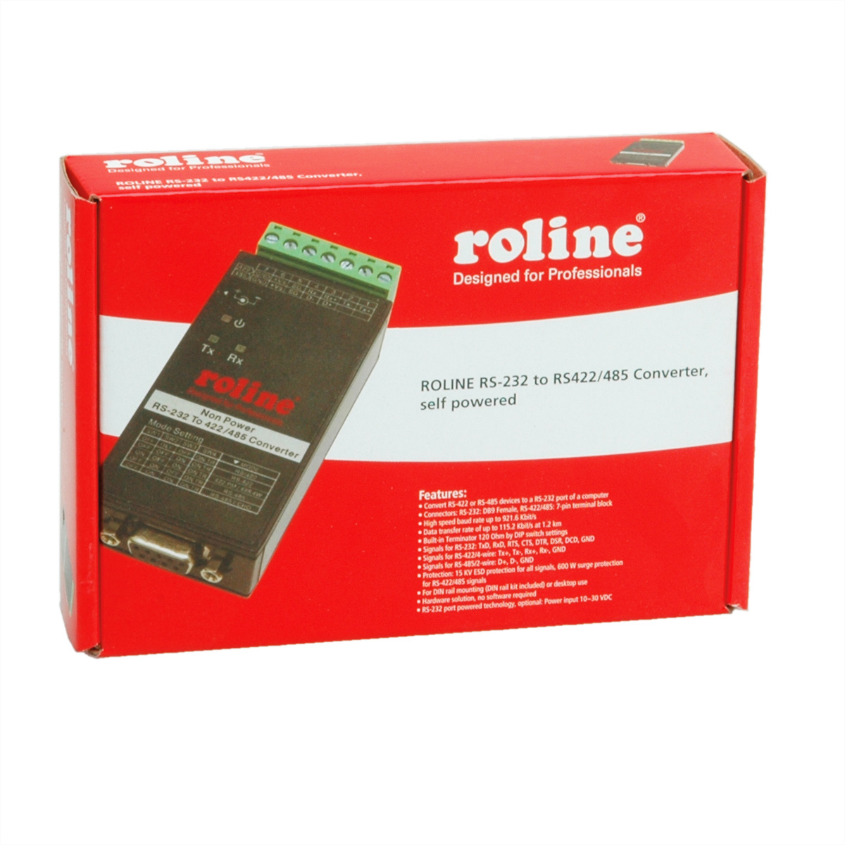 Rote und schwarze Roline RS-232-zu-RS422/485-Wandlerbox. Sie hat Text und Merkmale aufgelistet.