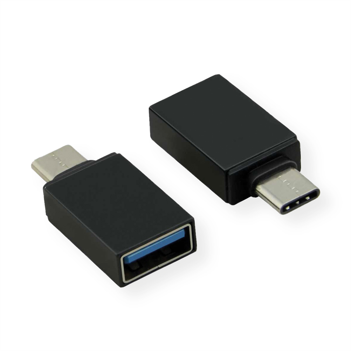 Schwarzer USB-zu-USB-C-Adapter, zwei Teile gezeigt.
