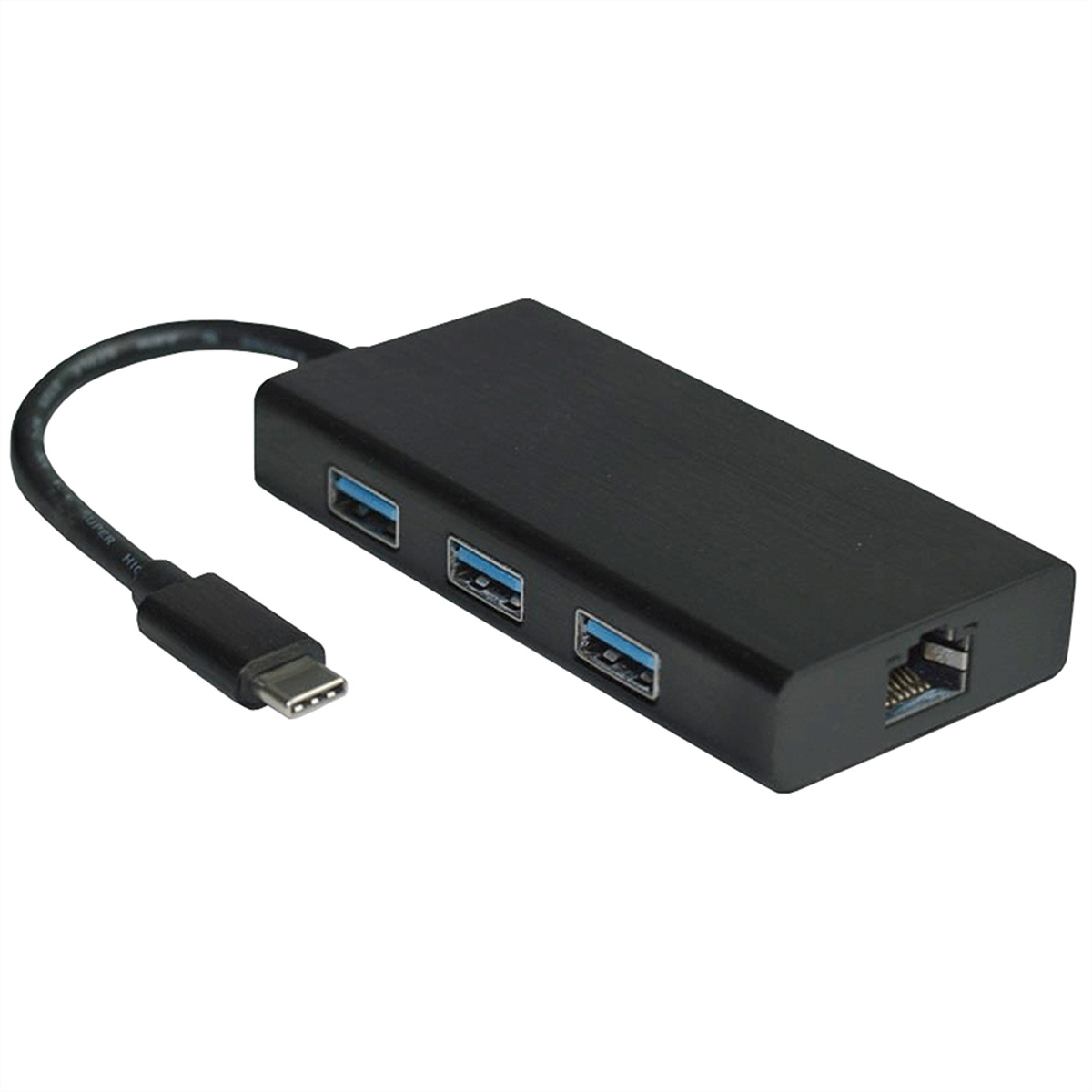 Schwarzer USB-Hub mit mehreren USB-Anschlüssen, USB-C und Ethernet-Anschluss.