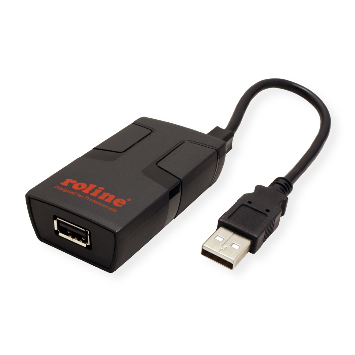 Zwarte USB-adapter met een USB-poort, op een witte achtergrond, met rode tekst.