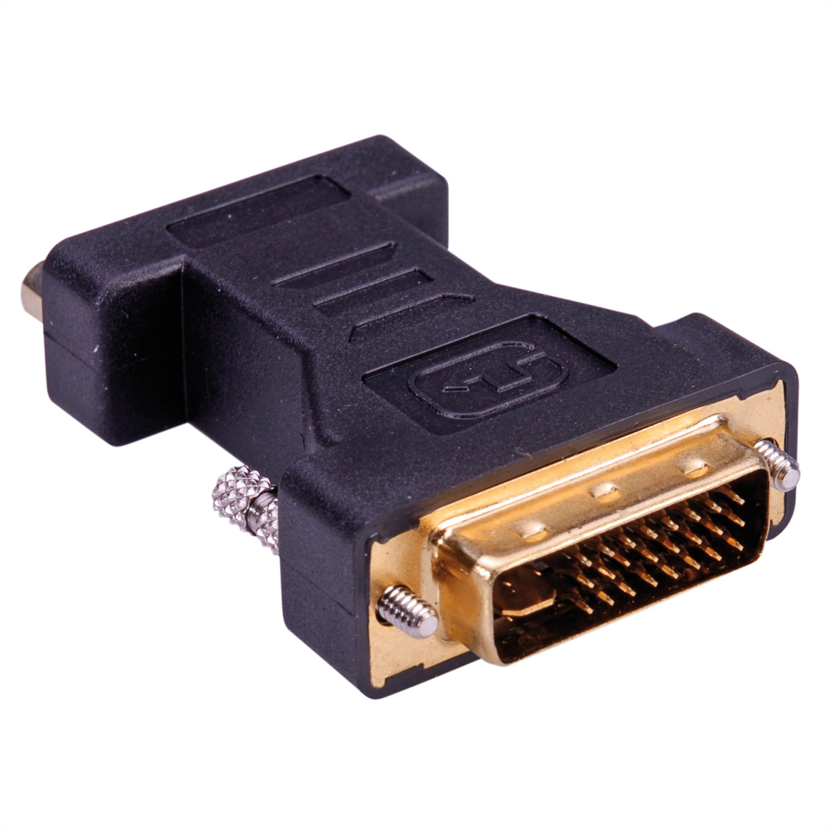 Schwarzer DVI-zu-VGA-Adapter mit goldfarbenen Steckern und Schrauben, auf weißem Hintergrund.