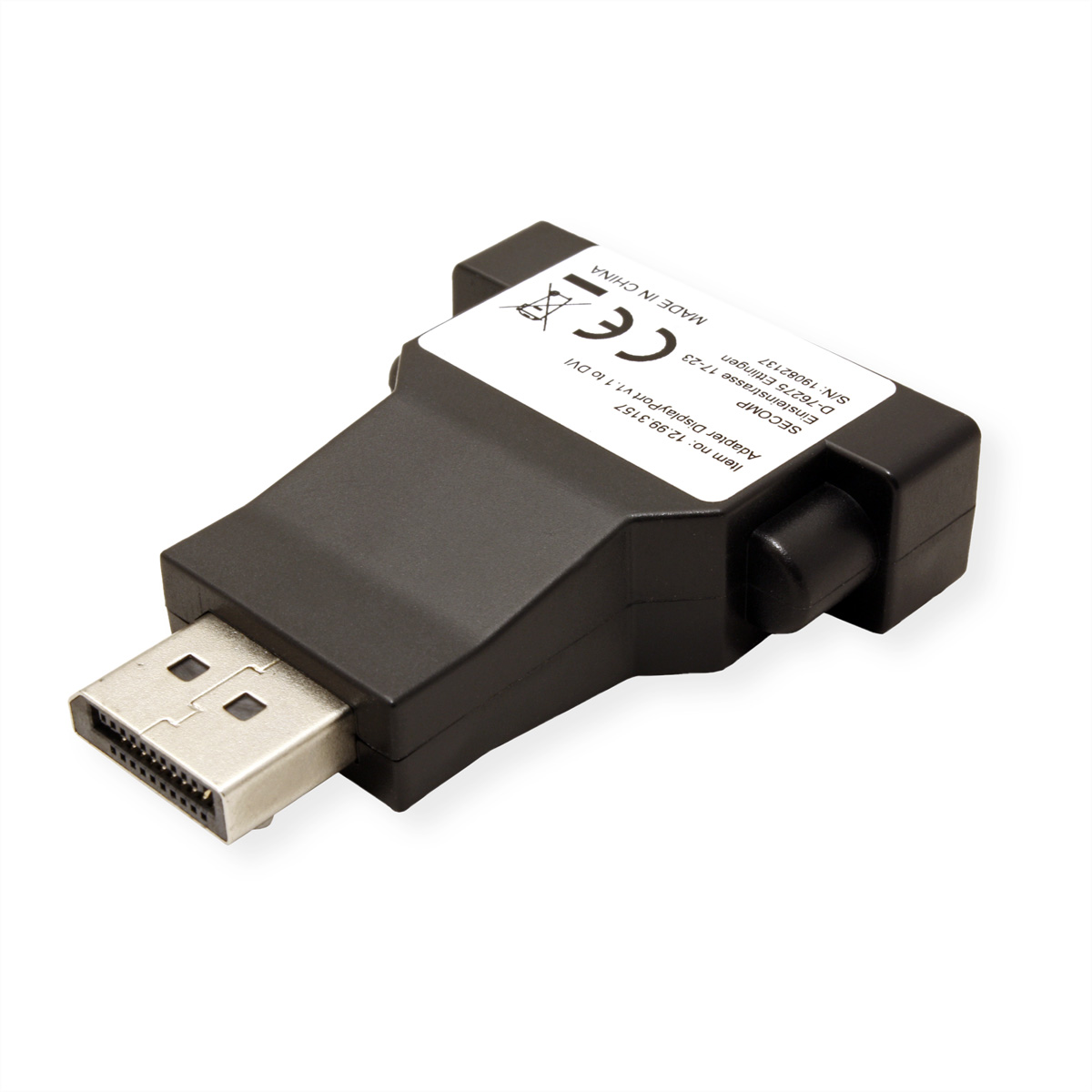 Schwarzer Adapter mit DisplayPort- und DVI-Anschlüssen, weißes Etikett, weißer Hintergrund.