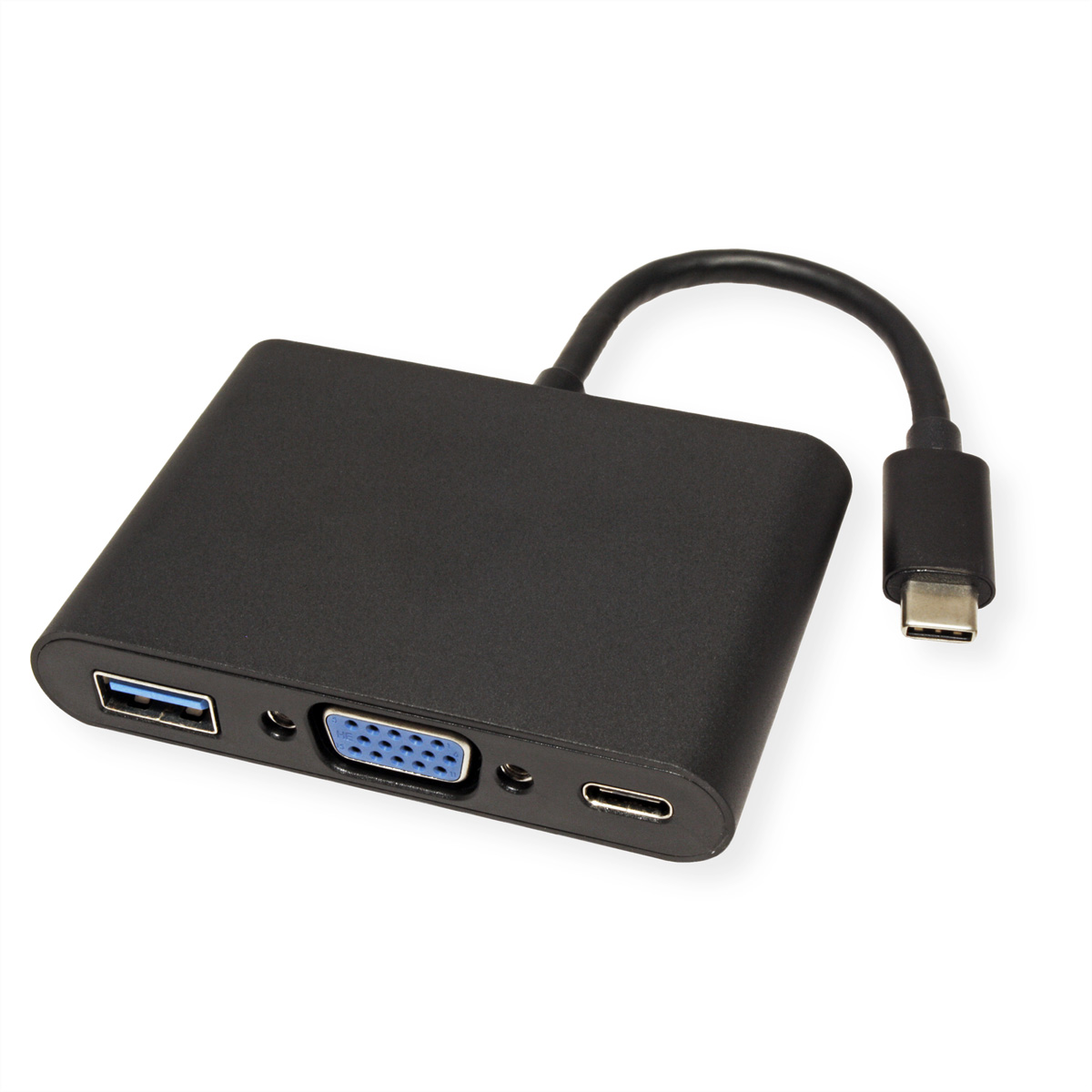 Schwarzer USB-Hub mit mehreren Anschlüssen und USB-C-Anschluss. Weißer Hintergrund.