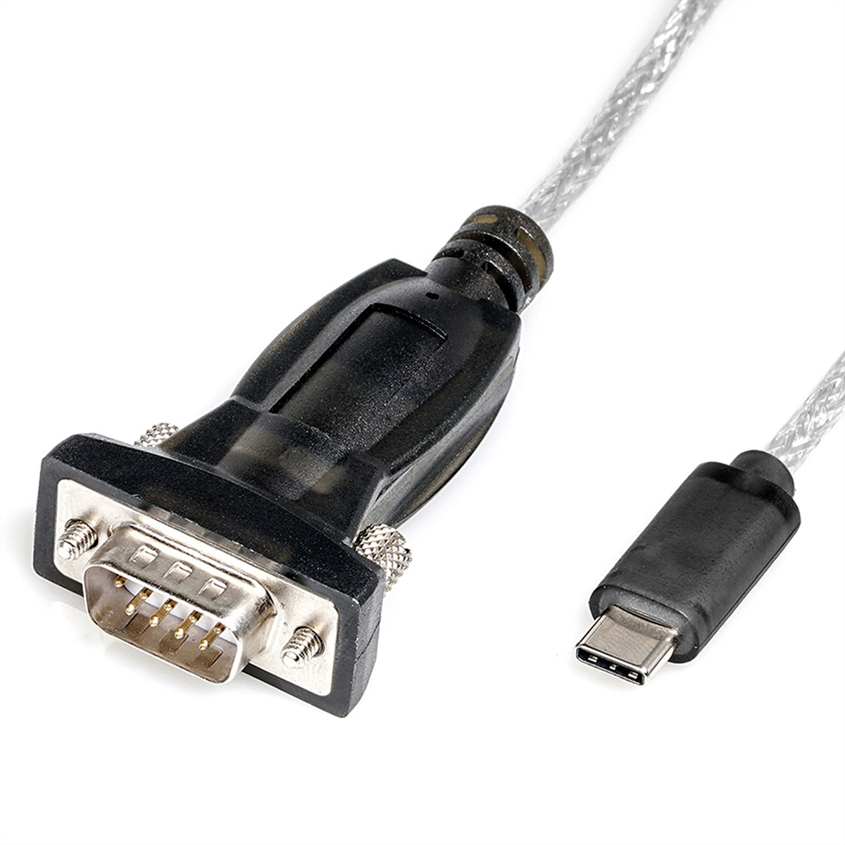 Un cavo nero con connettore DB9 e USB-C su sfondo bianco.