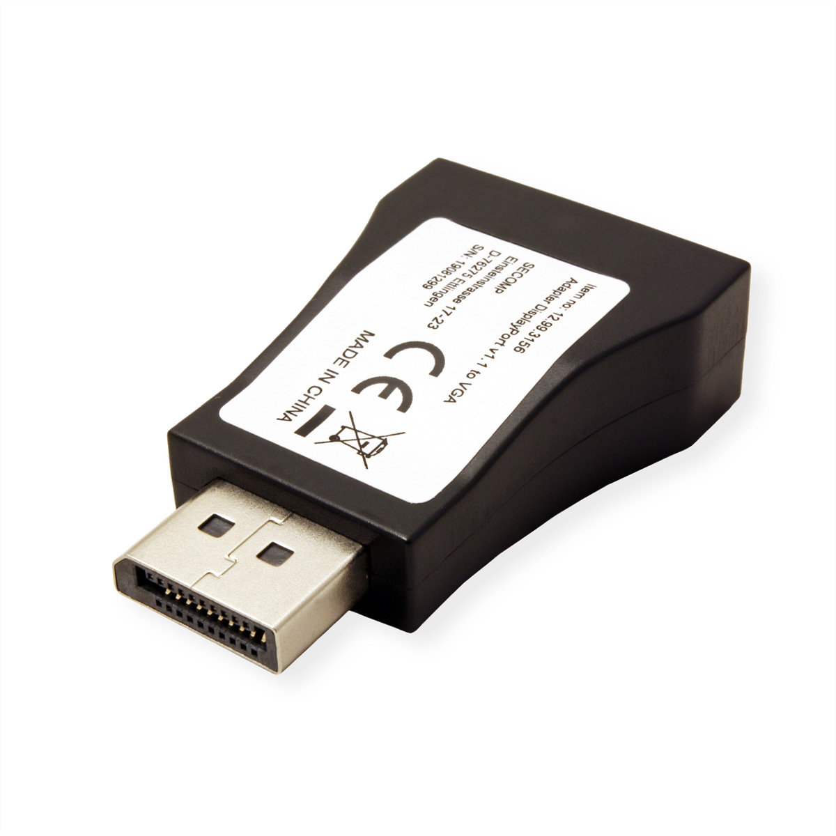 Schwarzer DisplayPort-Adapter mit weißem Text. Zeigt Made in China und andere technische Infos.