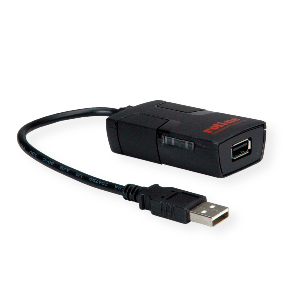 Zwarte USB-adapter. Zwarte kabel. De merknaam is Rotring.