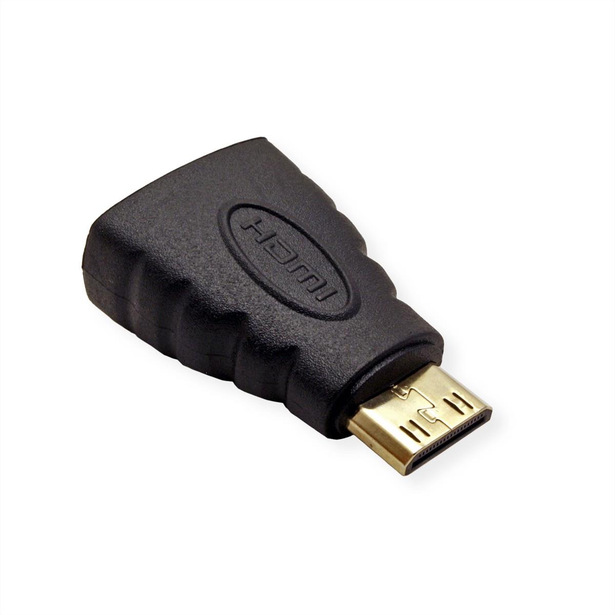 Schwarzer HDMI-Stecker mit goldfarbener Spitze, abgewinkelt, auf weißem Hintergrund.
