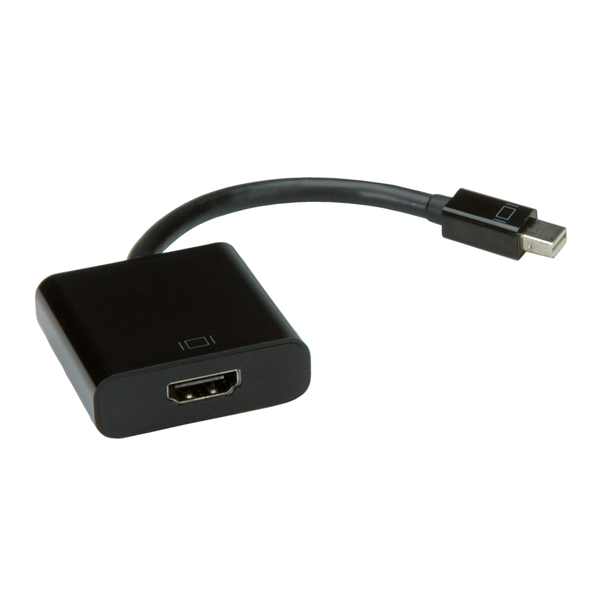 Czarny adapter HDMI na Mini DisplayPort, z czarnym kablem, na białym tle.