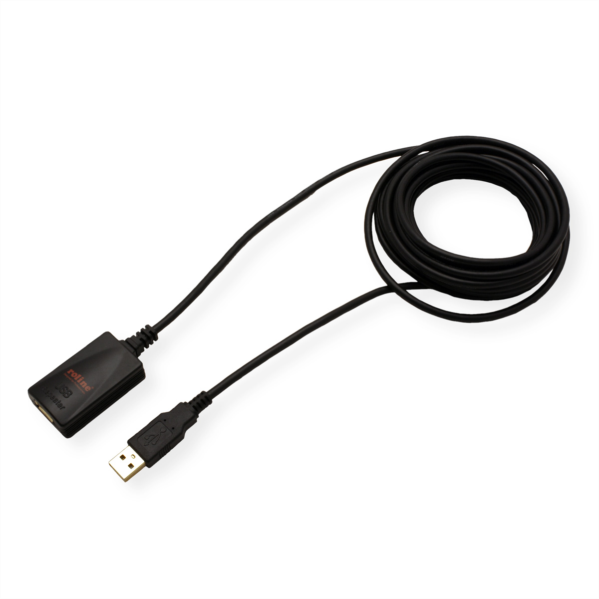 Schwarzes USB-Verlängerungskabel mit USB-Stecker und schwarzem Empfänger.