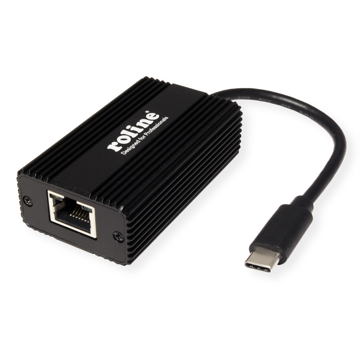 Schwarzer Roline-Adapter. Ethernet-Anschluss an einem Ende, USB-C am anderen. Weißer Hintergrund.