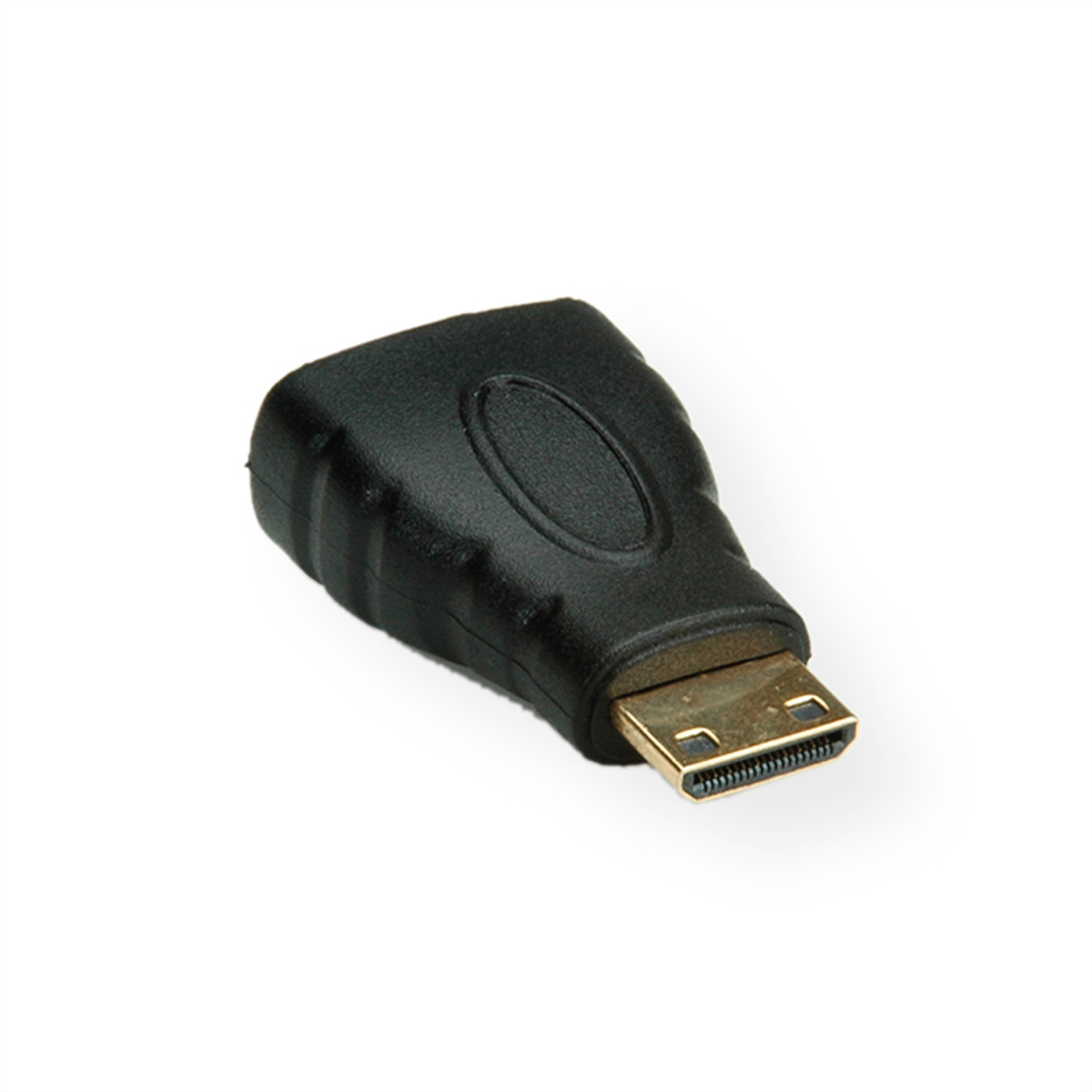 Schwarzer HDMI-Adapter, klein und kompakt, mit goldfarbenem HDMI-Anschluss.