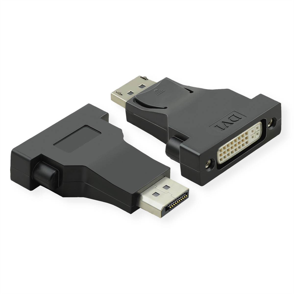 Schwarze DisplayPort-zu-DVI-Adapter. Eine Seite hat DisplayPort, die andere DVI.