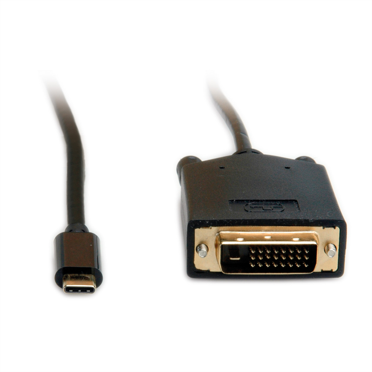 Câble USB-C vers DVI. L'extrémité USB-C et le connecteur DVI sont visibles.