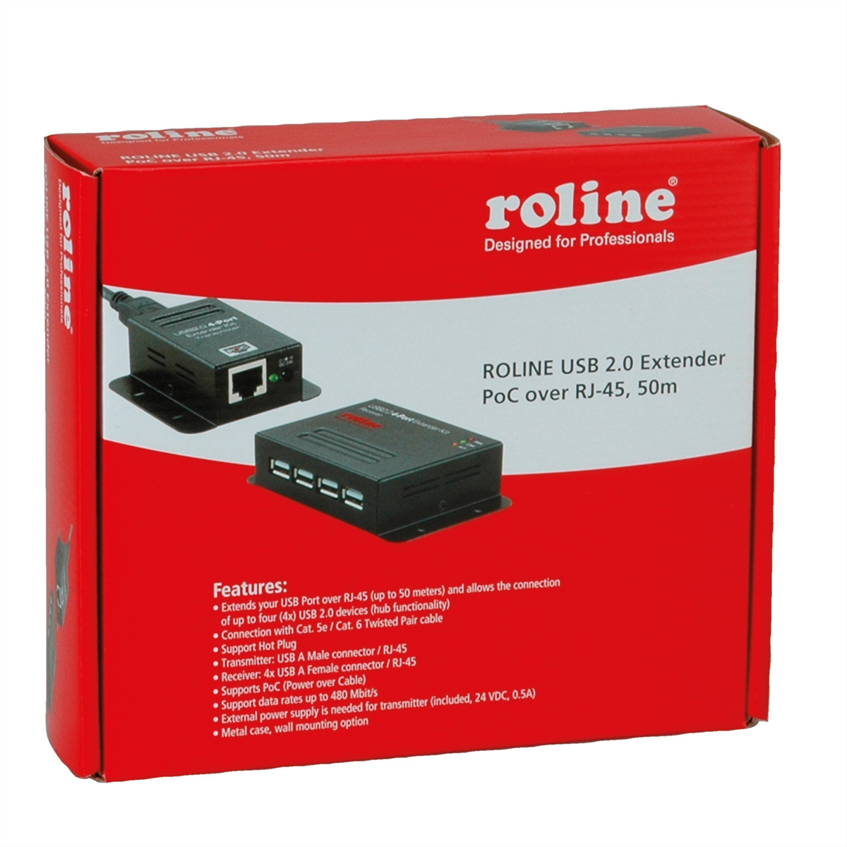 Eine rot-weiße Box mit schwarzem Text und Bildern eines schwarzen Geräts.