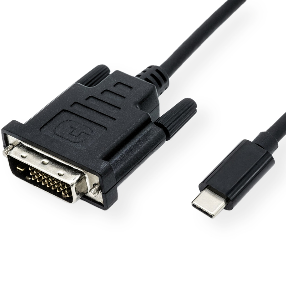 Ein schwarzer DVI-zu-USB-C-Adapter mit schwarzem Kabel, auf weißem Hintergrund.