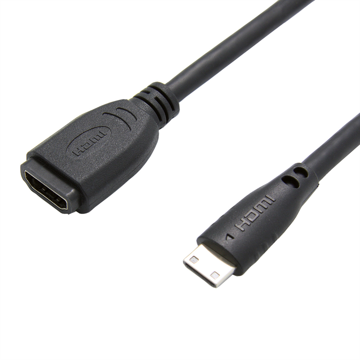 HDMI naar Micro-HDMI kabel, zwarte connectoren, zwarte kabel, witte achtergrond.
