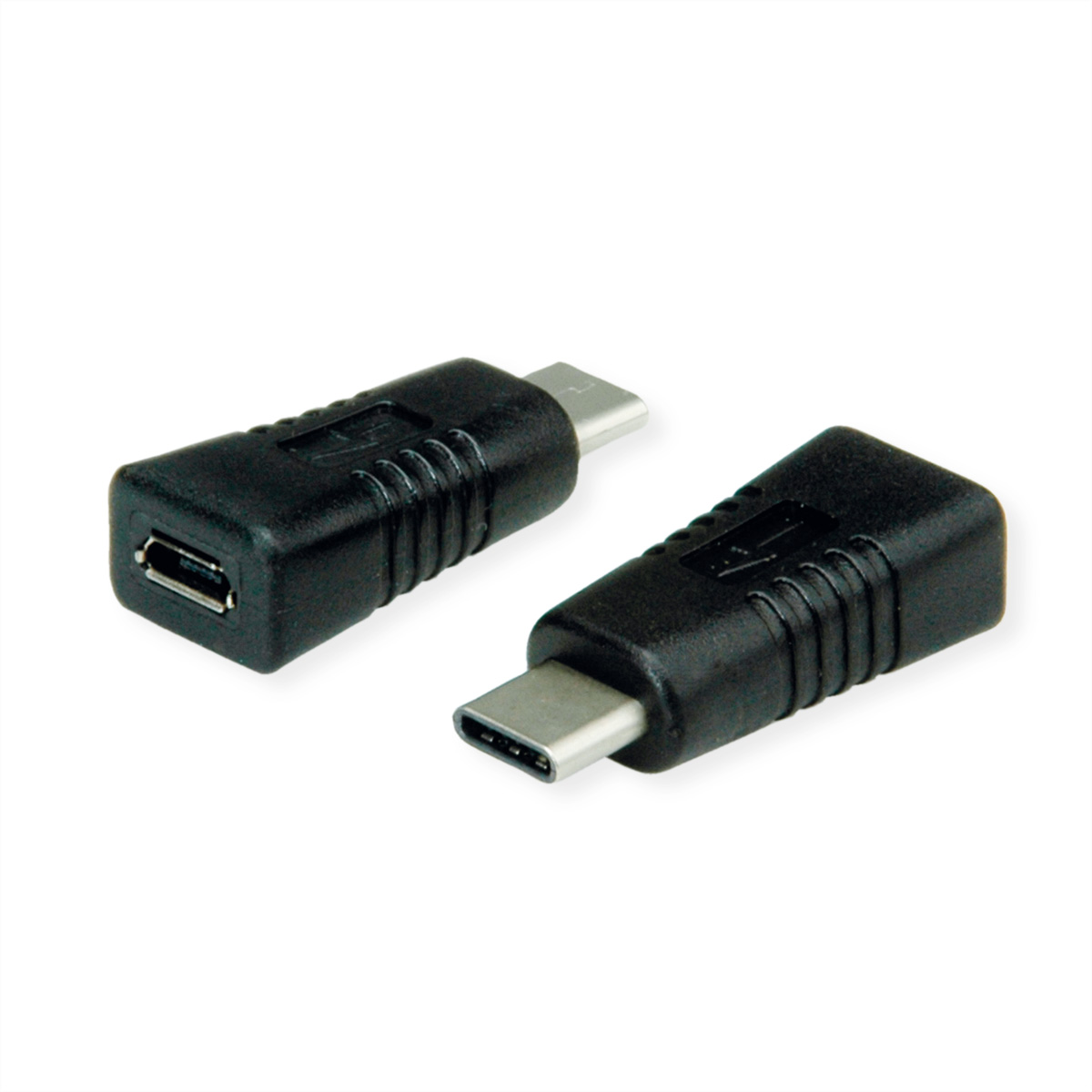 Deux adaptateurs USB noirs, un avec connecteur USB-C et un avec connecteur micro-USB, sur fond blanc.