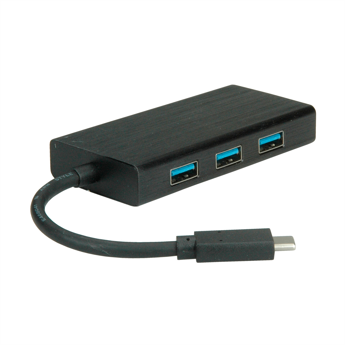 Schwarzer USB-Hub mit drei USB-Anschlüssen und einem USB-C-Kabel. Das Gerät steht auf weißem Hintergrund.
