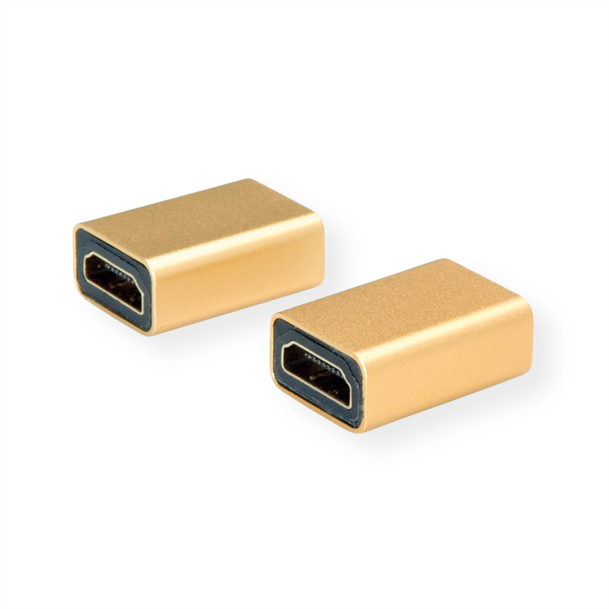 Zwei goldfarbene HDMI-Adapter werden auf weißem Hintergrund gezeigt.