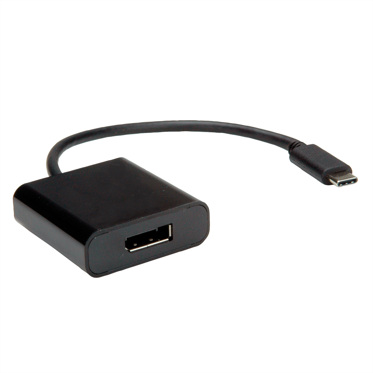 Schwarzer USB-auf-USB-C-Adapter. Der USB-Anschluss befindet sich am größeren Gehäuse.