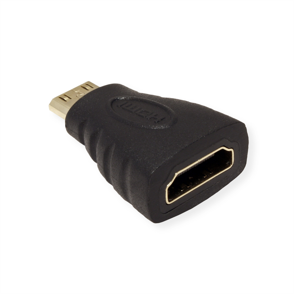 Schwarzer HDMI-Adapter, Stecker zu Buchse, auf weißem Hintergrund. Seitenansicht.