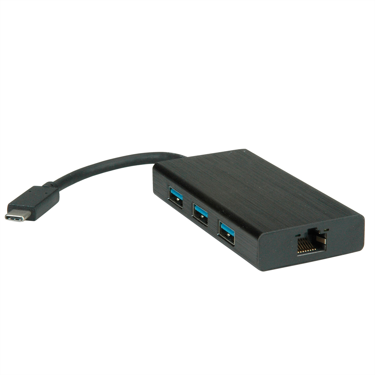 Schwarzer USB-Hub mit USB- und Ethernet-Anschlüssen und einem USB-C-Kabel.