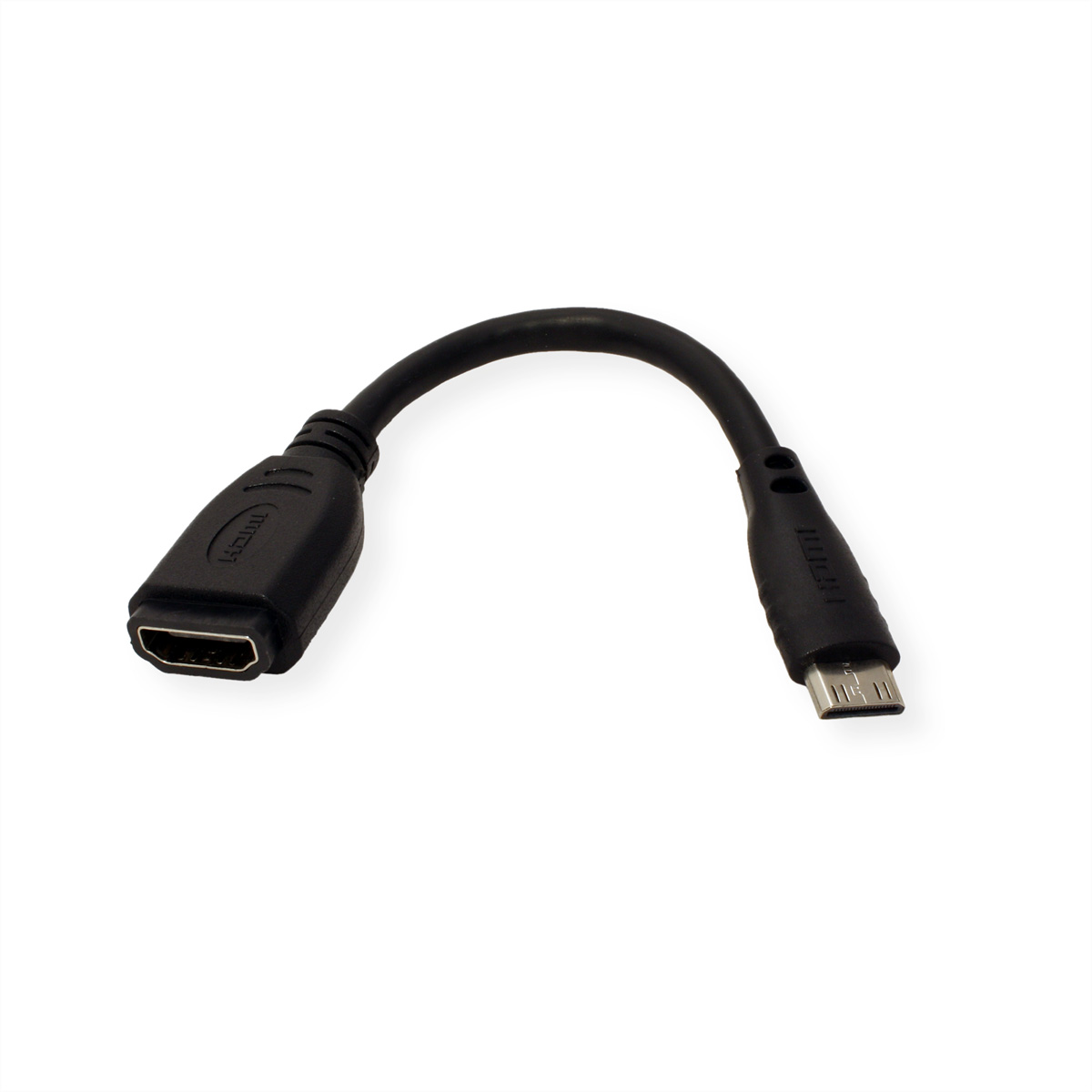 Zwarte HDMI naar Micro USB-kabel op een witte achtergrond.