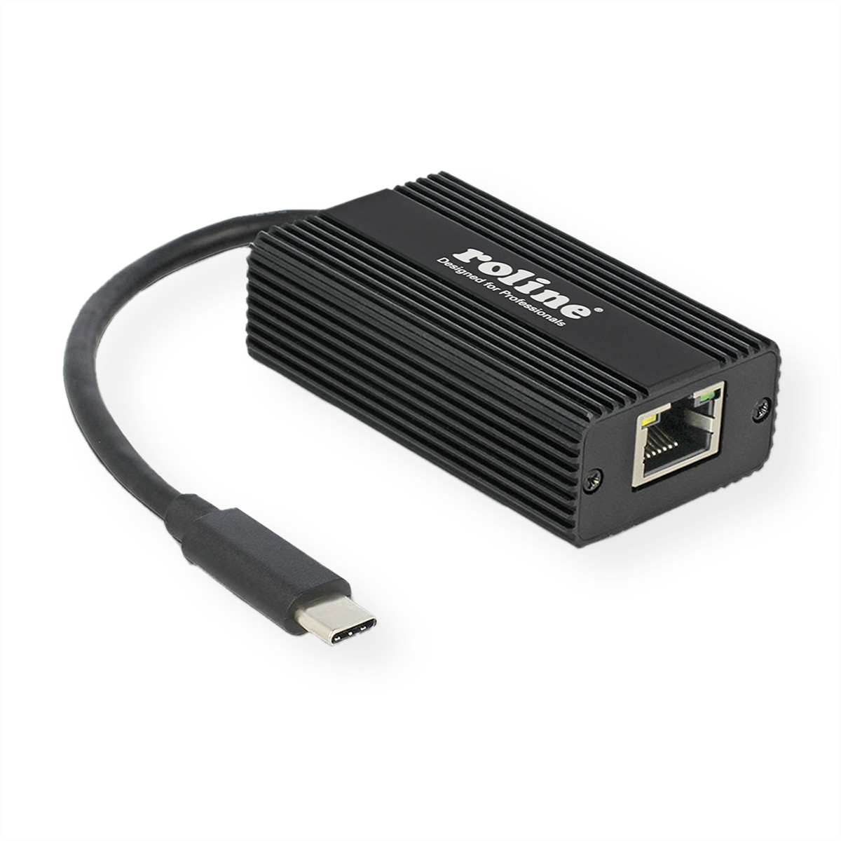 Schwarzer Roline USB-C-zu-Ethernet-Adapter, auf weißem Hintergrund.