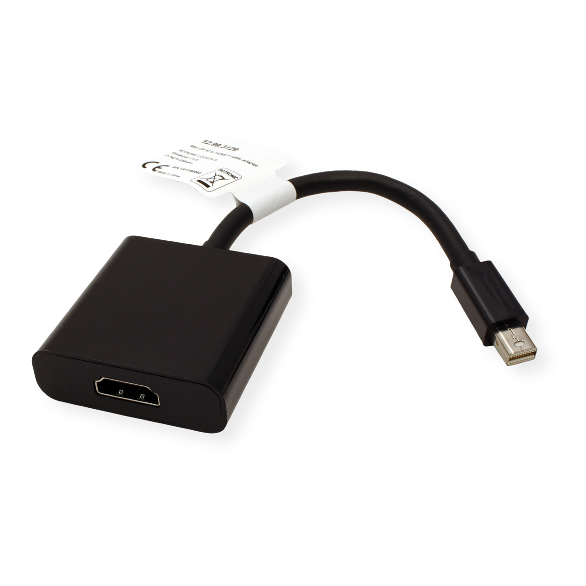 Czarny adapter HDMI do Mini DisplayPort z czarnym kablem i białą etykietą.