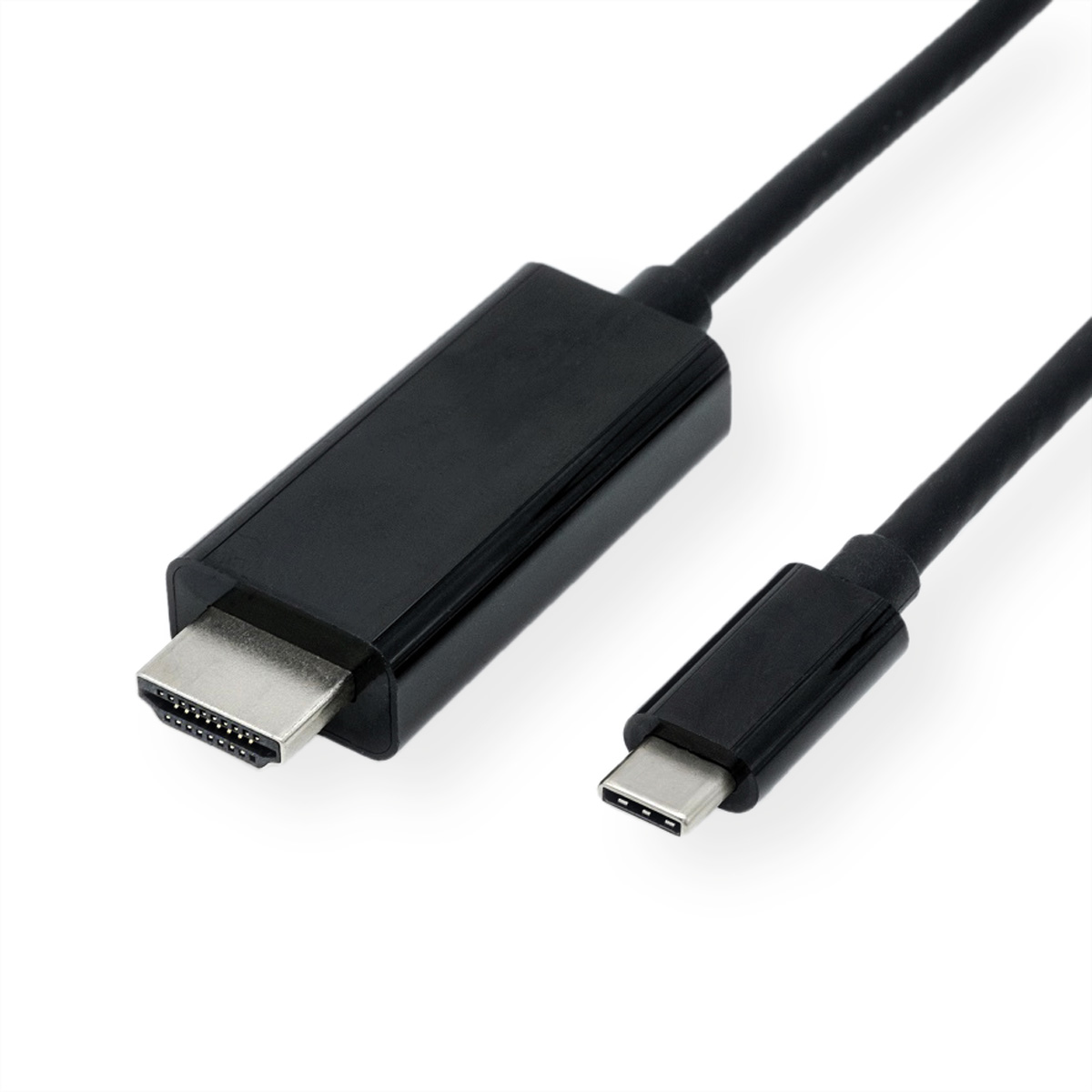 Câble noir HDMI vers USB-C sur fond blanc. Les connecteurs sont visibles.