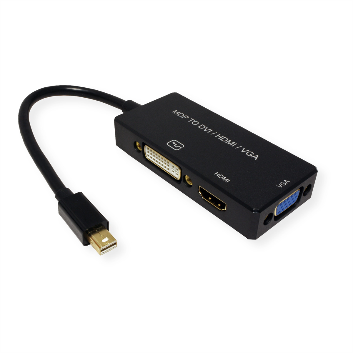 Schwarzer Adapter mit mehreren Anschlüssen: Mini DP, DVI, HDMI und VGA.