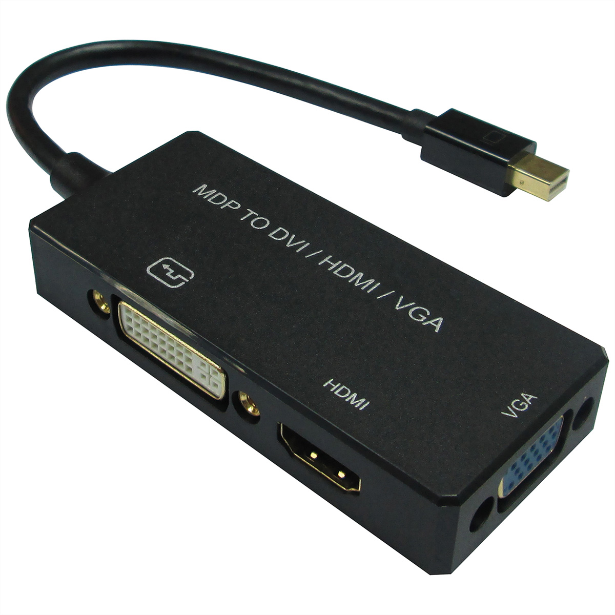 Schwarzer MDP-zu-DVI/HDMI/VGA-Adapter auf weißem Hintergrund.