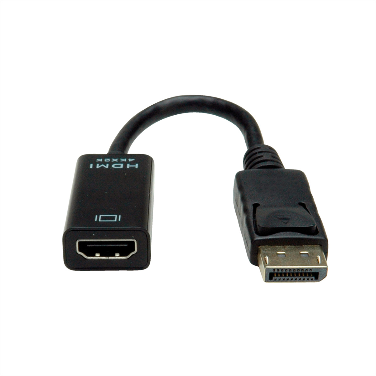 Czarny kabel adaptera HDMI na DisplayPort, z czarnymi złączami i zakrzywionym kablem.