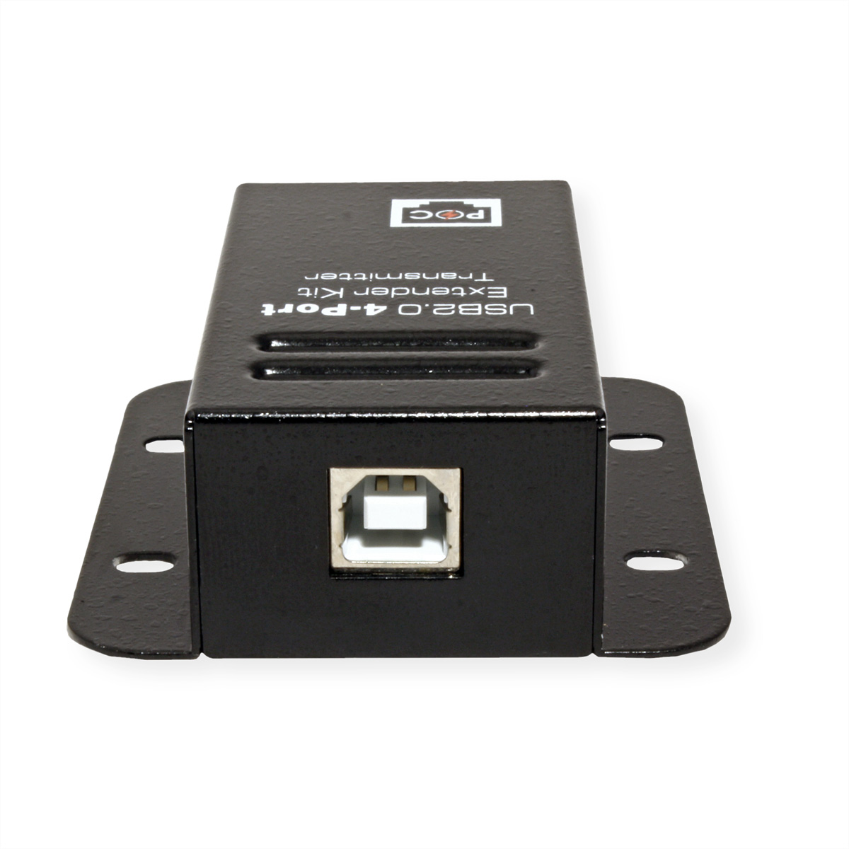 Schwarzes USB 2.0-Extender-Kit mit einem USB-Anschluss. Text: USB2.0 4-Port Extender Kit.