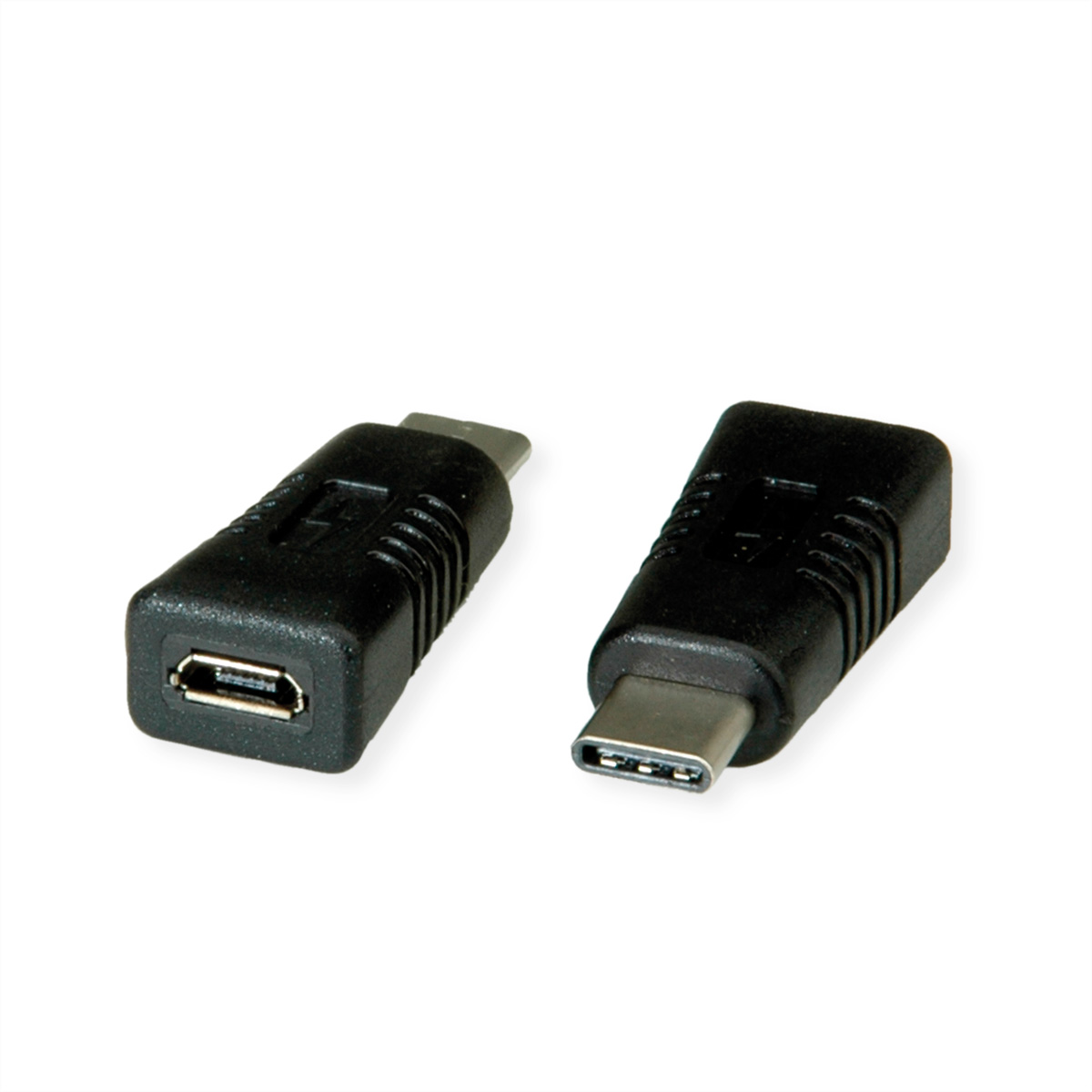 Deux adaptateurs noirs : un mini-USB vers micro-USB, et l'autre type-C vers micro-USB.