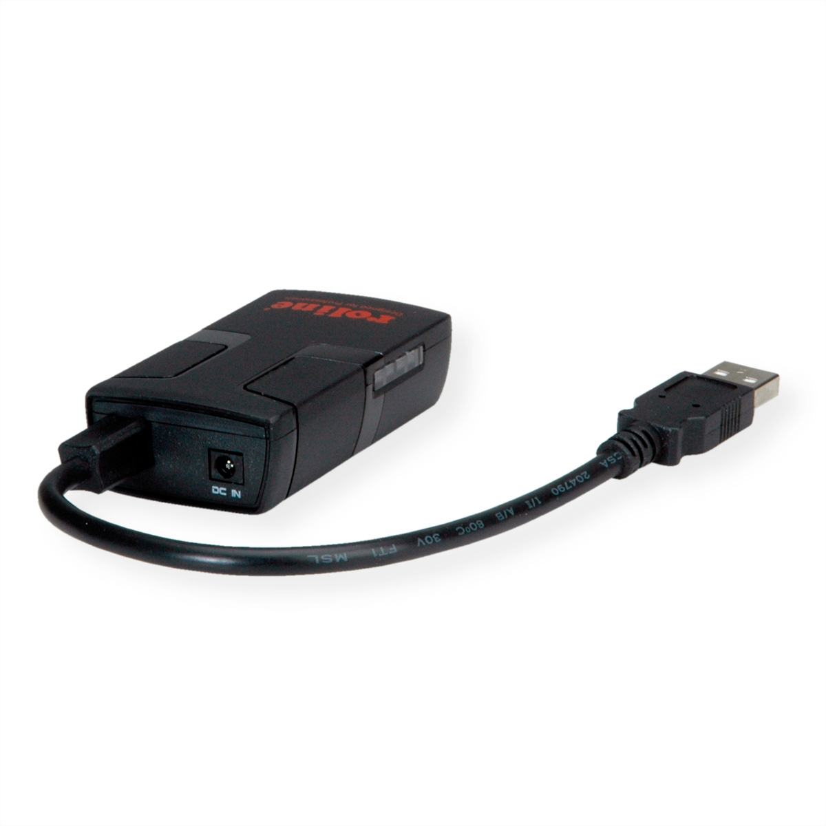 Zwarte USB-adapter met een kabel en een DC-ingang, met het merk Rolline erop gedrukt.
