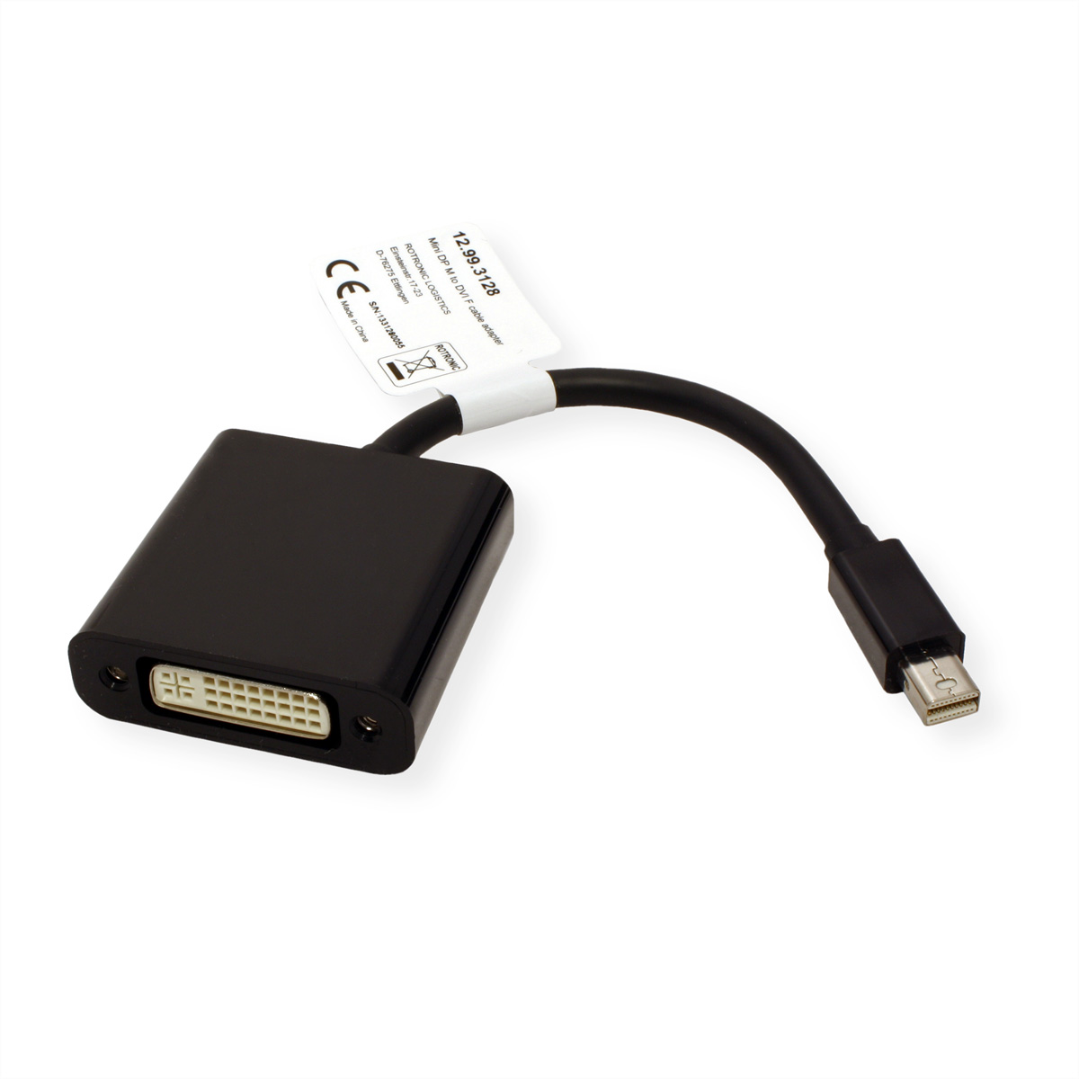 Schwarzer Mini-DP-zu-DVI-Adapter mit kurzem Kabelanschluss. Weißer Hintergrund.