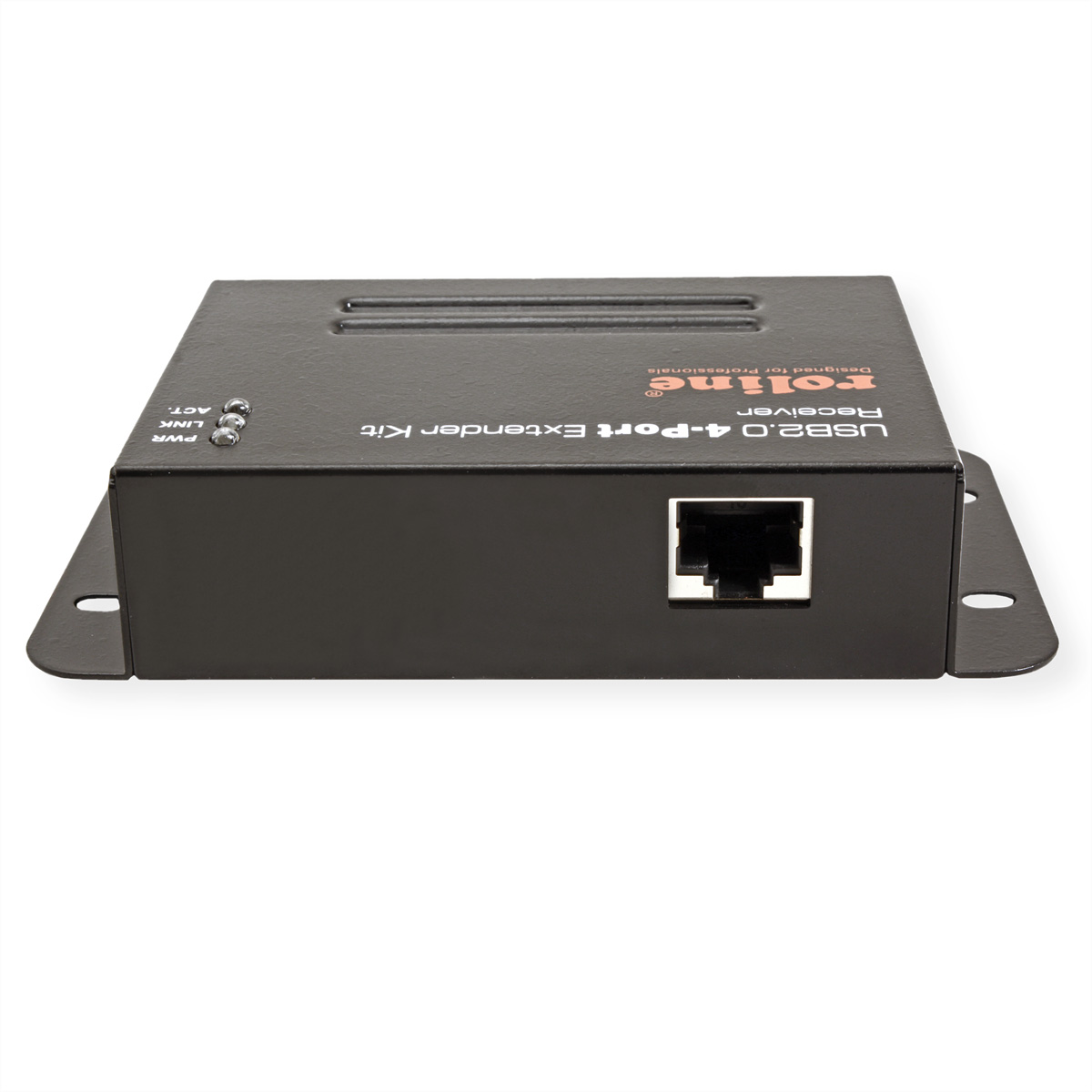 Schwarzes USB 2.0 Extender-Kit. Hat einen RJ45-Anschluss. Weißer Hintergrund.