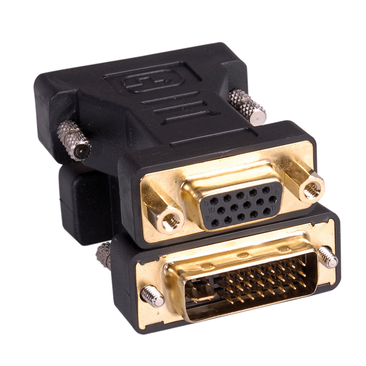 Schwarzer DVI-zu-VGA-Adapter mit Gold-Anschlüssen, auf weißem Hintergrund.