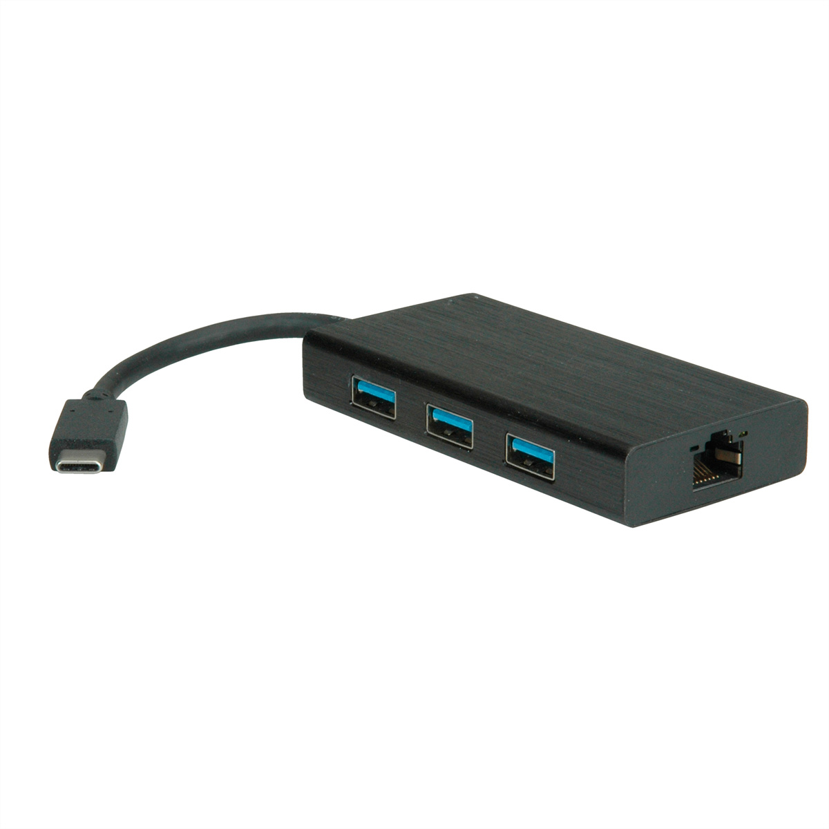 Schwarzer USB-C-Hub mit drei USB-Anschlüssen und einem Ethernet-Anschluss, vor weißem Hintergrund.