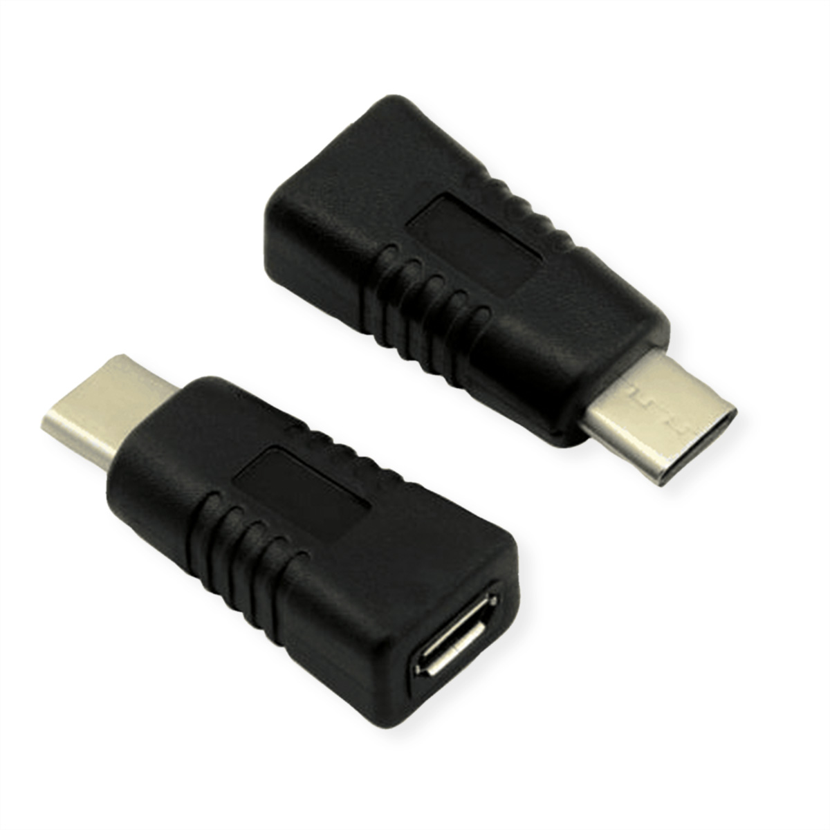 Deux adaptateurs USB-C noirs. Vue en angle, fond blanc.