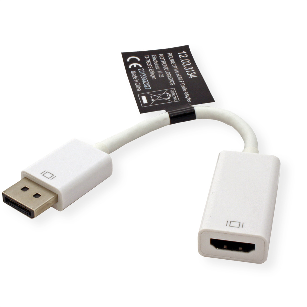 Biały adapter DisplayPort do HDMI z etykietą, na białym tle.