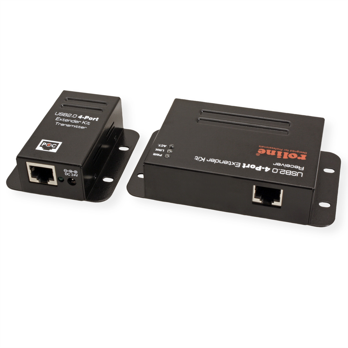 Schwarzes USB-Extender-Kit, mit Sender und Empfänger, auf weißem Hintergrund.